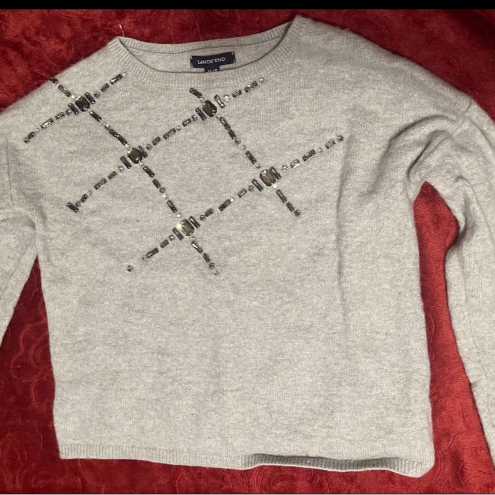Lands' End Light Gray Women's Sweater with Beaded Design